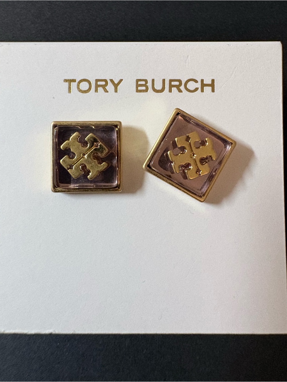 Tory Burch Gold-Tone Square Logo Stud Earrings with Mauve Enamel